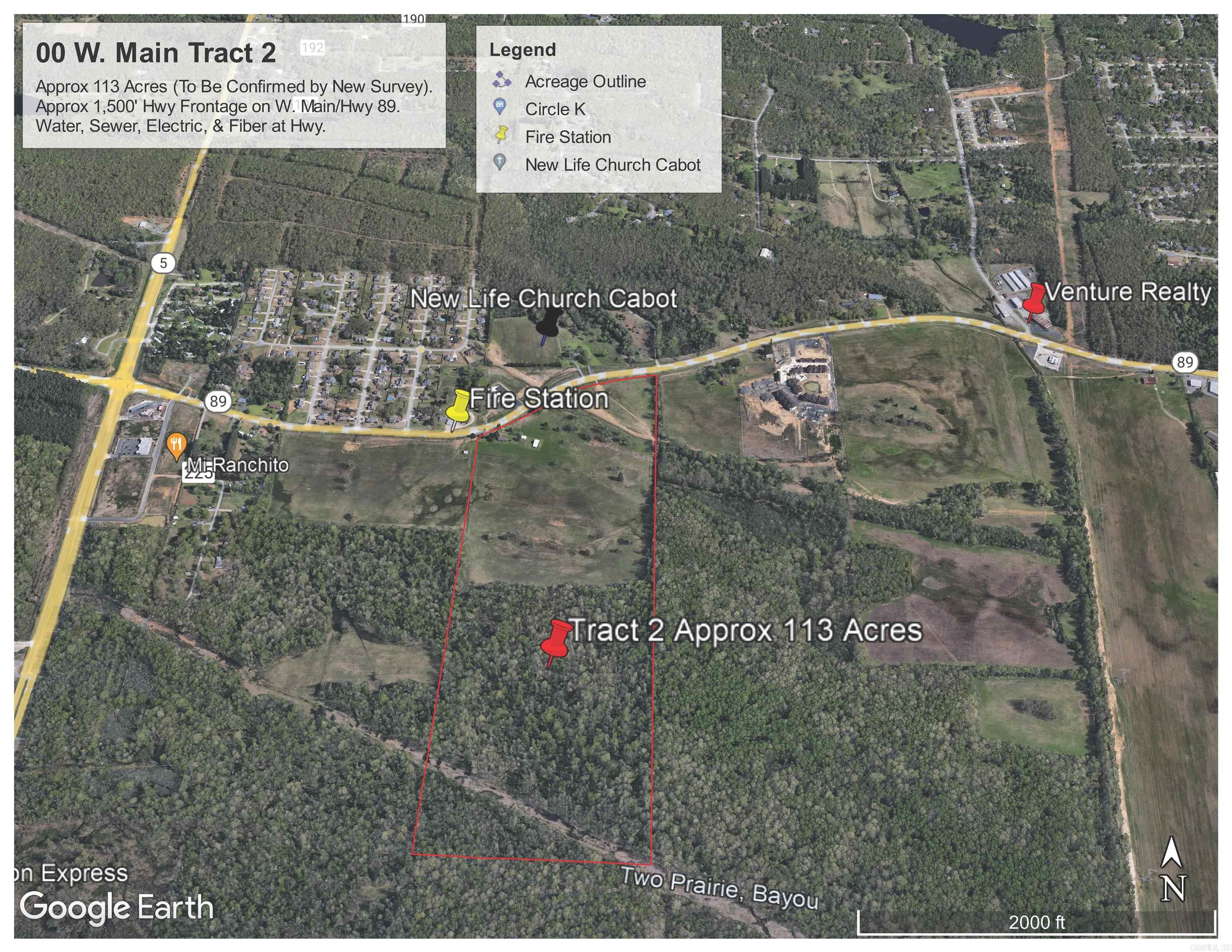 PRIME LOCATION, ONCE IN A LIFETIME OFFERING... Approx 113 Acres of a level w/ mild gentle backslope land with 3/4 Cleared Hayfield and 1/4 Trees. This property boasts approx 1,500' of Hwy 89 / W. Main Highway Frontage! Water, Electric, Sewer, and Fiber at the road. Increasing traffic via this main road artery designated as a High Traffic Location with over 11,000 per day on Hwy 89/W. Main and over 14,000 per day on Hwy 5 per AHTD. Situated ideally on the primary route between Hwy 5 and 67/167 in Cabot, AR. Located nearby: Cabot Fire Department across the road plus large neighborhoods such as Oak Brook, Magness Creek, Greystone, & More...The Pointe Apartments, Northport, ATWoods, Wal-Mart, First Security Bank, Centennial Bank, and more less than 5-min away. Professional Photos and Drone Footage coming soon. See Agent Remarks.