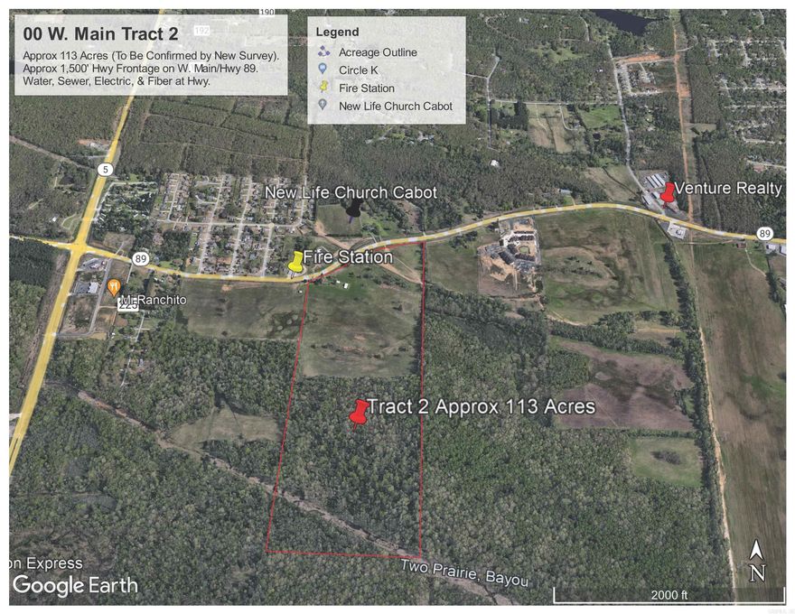 PRIME LOCATION, ONCE IN A LIFETIME OFFERING... Approx 113 Acres of a level w/ mild gentle backslope land with 3/4 Cleared Hayfield and 1/4 Trees. This property boasts approx 1,500' of Hwy 89 / W. Main Highway Frontage!  Water, Electric, Sewer, and Fiber at the road. Increasing traffic via this main road artery designated as a High Traffic Location with over 11,000 per day on Hwy 89/W. Main and over 14,000 per day on Hwy 5 per AHTD.  Situated ideally on the primary route between Hwy 5 and 67/167 in Cabot, AR.  Located nearby: Cabot Fire Department across the road plus large neighborhoods such as Oak Brook, Magness Creek, Greystone, & More...The Pointe Apartments, Northport, ATWoods, Wal-Mart, First Security Bank, Centennial Bank, and more less than 5-min away.  Professional Photos and Drone Footage coming soon.  See Agent Remarks.