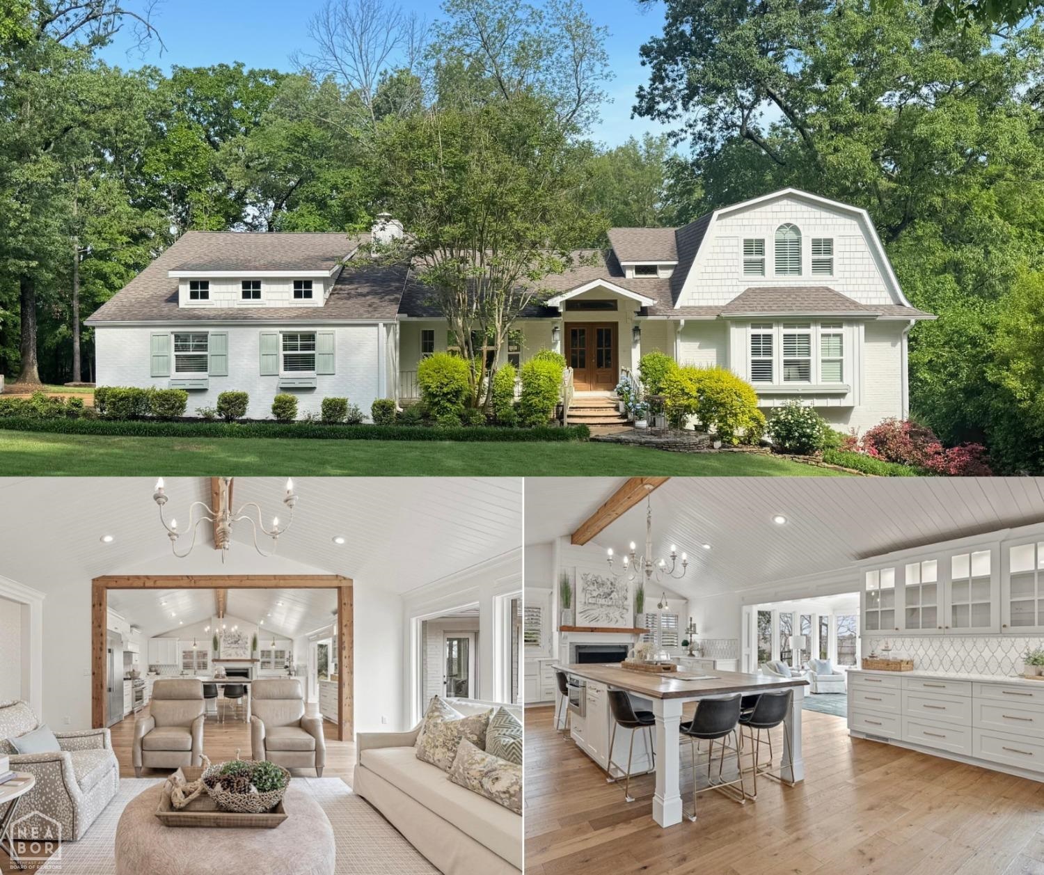 Located in Rosewood Estates subdivision in central Jonesboro, this stunning home underwent a complete remodel in 2016-2017 and offers timeless elegance blended with modern convenience. Tucked away in a neighborhood yet minutes from the heart of town, this residence is full of charm, character, and custom details throughout. From the moment you enter, you're greeted by a welcoming foyer with rich hardwood flooring that extends throughout the home, tall ceilings, a wood staircase, and beautiful double front doors that set the tone for what's inside. To the left of the entry is a formal dining room featuring a custom millwork ceiling, bay window, and a brick gas-log fireplace. Beyond the dining room is a spacious living area filled with natural light from the wall of trimmed out windows overlooking the backyard and exterior deck. This inviting space flows seamlessly into the heart of the home, a truly one-of-a-kind custom kitchen. The kitchen is an entertainer's dream with an 11-foot island topped with custom hickory wood, offering seating for 10. Additional features include a full-size refrigerator and freezer, 36-inch gas range/oven, a wood-burning fireplace, brass and mosaic marble