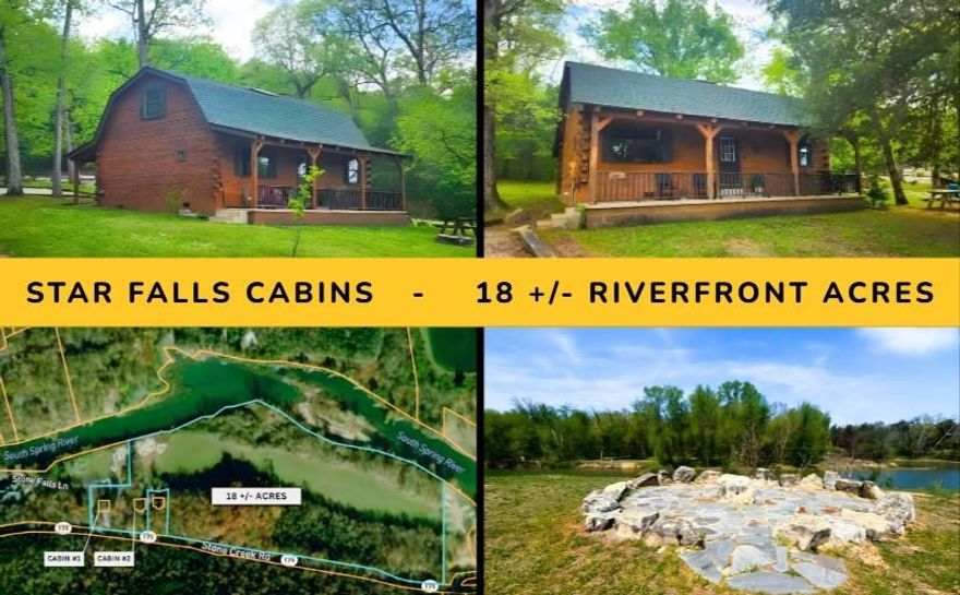 TWO CABINS with 18 ACRES including 1,500+/- FEET OF PRIME SOUTH FORK RIVER FRONTAGE  Ready to own a piece of paradise? This remarkable riverfront property offers 18+/- acres & 1,500+/- feet of South Fork River frontage. The property offers endless possibilities complete with two charming cabins, each featuring 2 bedrooms, 1.5 baths, living room, kitchen, a versatile loft area that could be another bedroom, & covered porches. There’s a nature trail that meanders along the bank of the South Fork River which allows for peaceful walks or great fishing opportunities. The cabins are currently operated as nightly rentals providing an income source. The land includes a large portion that is build-able & out of the flood plain, offering multiple investment options including adding more cabins & subdividing the land into individual riverfront lots. Or keep it as one property for your enjoyment. This property is located in Cherokee Village offering 7 pristine lakes, two 18-hole golf courses, recreation centers with swimming pool, miniature golf, & fitness center, many parks, walking trails, & much more. This is truly a special property giving you the Ultimate River Views, Access & Experience.