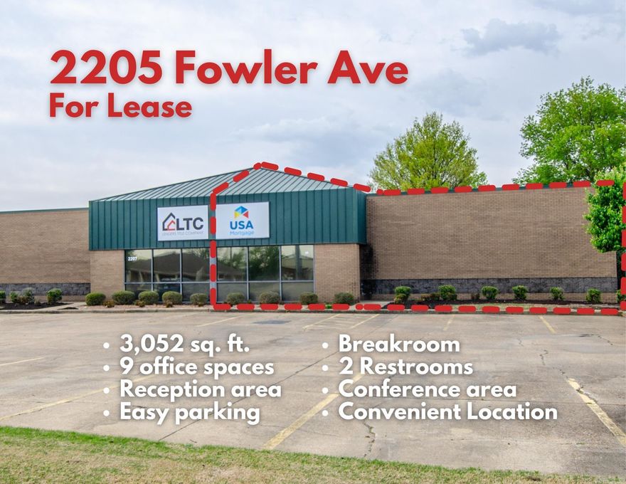 Prime office space available at 2205 Fowler Ave, Jonesboro, AR! This 3,052 sq ft unit is move-in ready and currently utilized as an office for a local mortgage company. Featuring multiple offices, a classroom, a break room, two bathrooms, and a welcoming reception area, the space is versatile to accommodate various business needs. Conveniently sharing a building and parking lot with Lenders Title Company, the location offers seamless access for employees and clients. The ample parking lot ensures easy entry and exit, enhancing accessibility. Ideal for professional services seeking a strategic, convenient location.  NNN Lease - Tenant will be responsible for utilities, property taxes, and insurance.