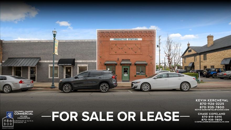 Coldwell Banker Commercial - VC is proud to present 720 S. Main Street, now available for sale or lease in the vibrant heart of Downtown Jonesboro. Surrounded by a thriving mix of locally owned restaurants, stores, and professional offices, this historic property offers a prime location for a wide range of businesses. The space features exposed brick walls, 1.5 baths, a full kitchen, and a secure safe room blending character with modern functionality. Whether you're launching a retail shop, office, or creative studio, this is a standout opportunity to join the energy of one of Jonesboro's most walkable and dynamic districts.