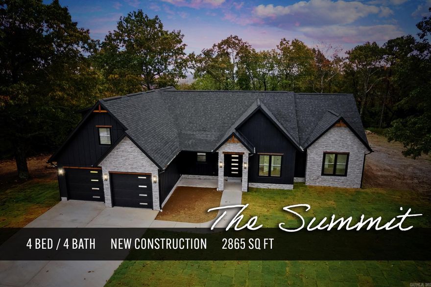 Say hello to this new construction home located in one of Mountain Home’s prestigious premier subdivisions – The Summit! This modern residence showcases a striking dark exterior with elegant stone accents, creating remarkable curb appeal. Step inside to an open living area featuring a fireplace, high ceilings, and abundant natural light The  kitchen boasts custom cabinetry, sleek quartz countertops, stainless appliances, a spacious island, and a highly desirable hidden walk-in pantry. A covered patio offers lovely views — perfect for entertaining. The primary suite features heated bathroom floors, a tiled custom shower, soaking tub, walk-in closet, and convenient laundry connectivity. Buyers will appreciate the thoughtfully designed, split-bedroom floor plan. The oversized bonus room provides flexible living options plus a full bathroom upstairs. Additional highlights include an energy-efficient tankless water heater, a buried propane tank, underground utilities, and high-speed fiber internet and a highly desirable location near Norfork Lake and city limits.
