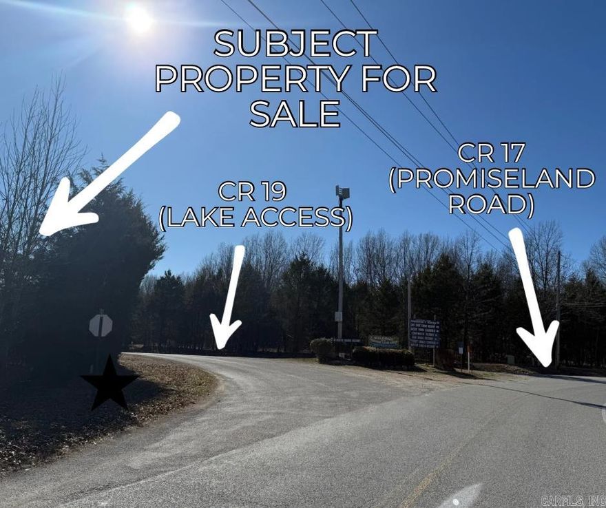 2.85 acres poised for development! LOCATION is in the corner at the turnoff to the closest Bull Shoals lake access from Mountain Home! (CR 19) Would make a fabulous location for a general store to serve vacationers!  Could be an amazing home location near the lake! Possibilities are here! No restrictions!