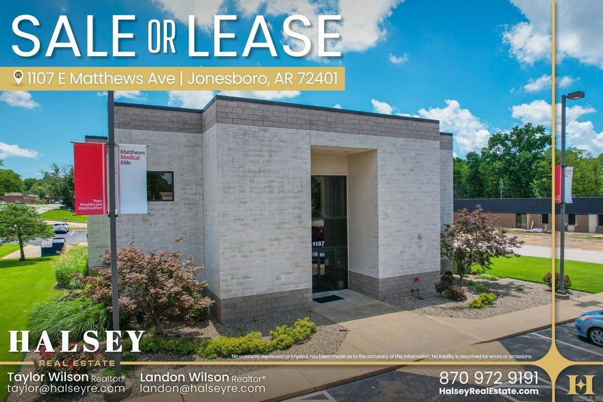 Located in Jonesboro’s busy medical corridor, 1107 E Matthews Ave offers ±6,000 square feet of professional office space for lease. This second-floor suite features quality finishes and ample parking, making it ideal for medical or office use. The entire ±12,512 SF building is also available for sale presenting a strong investment or owner-user opportunity.