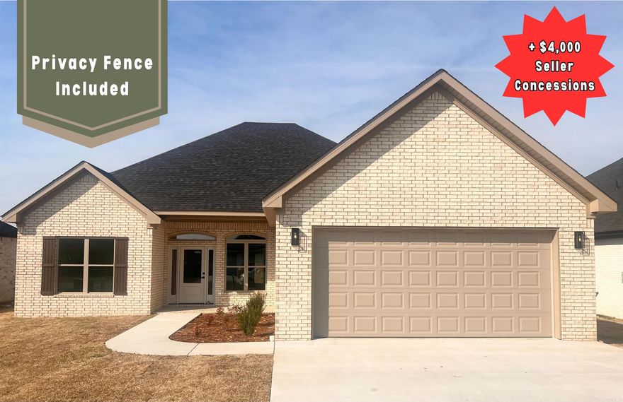Seller is now offering $4,000.00 in seller concessions! You can use these toward interest rate buy down, closing costs, and more! This stunning new construction home offers modern luxury with spacious living areas and high-end finishes throughout. The kitchen features upgraded countertops, perfect for cooking and entertaining. The bathrooms are beautifully designed with tile showers, adding a sleek and elegant touch. Located in a desirable neighborhood, this home is just minutes away from Greenbrier school. With its thoughtful design and prime location, this home is ready to provide comfort and style for years to come. Home comes with a fenced in back yard and gutters! Schedule your showing before it's gone!