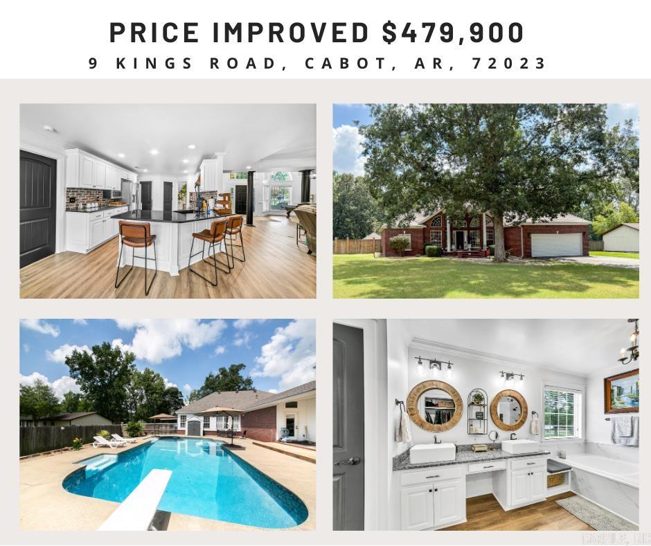 Welcome to 9 Kings Road, Cabot, AR, a beautifully remodeled home that combines modern convenience with timeless elegance. This residence boasts a new roof installed in August 2023, ensuring lasting protection and peace of mind. The property features an impressive 18 x 36 in-ground pool with a new liner added in September 2021, perfect for leisurely swims or entertaining guests. Completely remodeled in 2020, the home offers new luxury vinyl flooring throughout, stylish bathroom remodels, and elegant granite countertops. Enjoy cozy evenings by the wood-burning fireplace in the den, and appreciate the custom tile showers that add a touch of luxury to your daily routine. The kitchen is a chef's delight with a charming brick backsplash and a distinctive wood vent hood. Additional amenities include an extra double garage/shop, a new asphalt driveway with additional parking added in 2024, and expansive backyard space providing privacy and tranquility. Sunlight streams through the charming windows, infusing the home with natural light and warmth. The backyard boasts a beautiful tree line beyond the back privacy fence that won't be developed! Call today to schedule your showing!