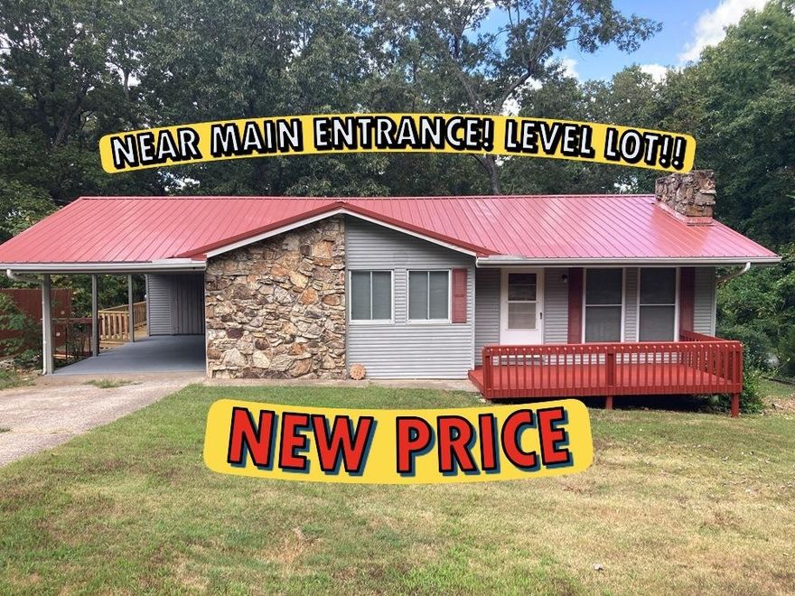 CLOSE TO MAIN ENTRANCE TO Cherokee Village on LEVEL LOT - NEW METAL ROOF in 2025!  2 Bedroom 2 Bath, big eat-in kitchen with a pantry that has lots of space!  Kitchen is open to the living room to cozy up to the gas log fireplace on those chilly winter nights. New walk-in shower & toilet in primary bedroom’s private bathroom plus a full bathroom, also with a new toilet, conveniently located to the guest bedroom. The new large back deck is perfect to have those summer BBQ’s overlooking the fenced in level back yard that has plenty of room for your kids or furry pets. Priced to sell at the REDUCED PRICE of $129,900. #2416
