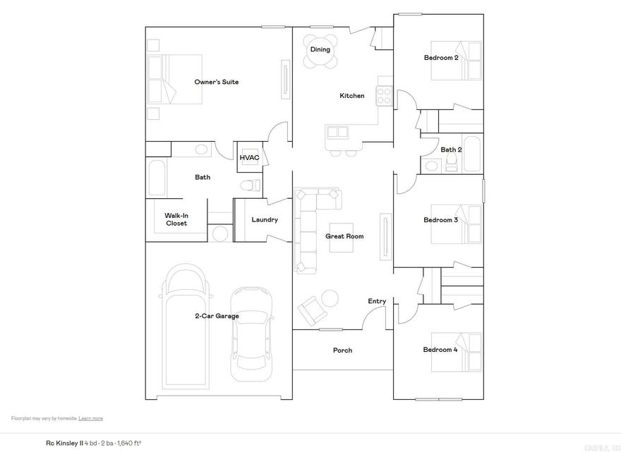 The Kinsley II plan is a wonderful choice for anyone looking for a blend of charm and functionality. The covered front porch adds a warm, inviting touch, perfect for relaxing or greeting guests. Inside, the open floor plan enhances the spacious feel of the home, while the 4 bedrooms and 2 bathrooms ensure plenty of room for family and guests.  The living area is designed for comfort and flexibility, and the dining area/kitchen combo is ideal for entertaining. With energy-efficient appliances, the ample counter space and pantry are great for anyone who loves to cook and experiment in the kitchen.  **SEE SHOWING REMARKS & AGENT REMARKS FOR IMPORTANT INFORMATION**