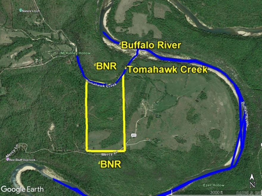 Rare, Rare, Rare. Year round creek, joins Buffalo National River boundary, walk 700 feet from the north edge of your property to Buffalo River at a gravel bar and it has a good view from the top and good building spots. Elec nearby.