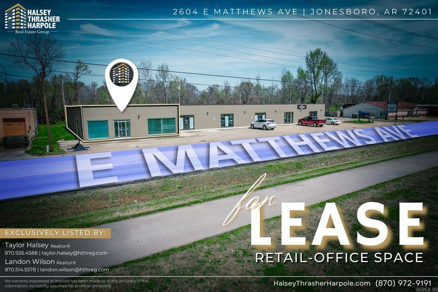2604 E Matthews is strategically situated in a prominent commercial area, offering high visibility and accessibility. Located in Jonesboro, AR, it enjoys proximity to major transportation routes, residential areas, and commercial centers, making it an ideal location for various businesses. The area's steady population growth, favorable business environment, and supportive community make it conducive to business success. The space at 2604 E Matthews boasts 3,300+/- SF suitable for a wide range of businesses. With ample square footage, and tenant improvements available, the property offers the flexibility to accommodate diverse business needs. Additionally, the space features ample parking facilities with 38 spaces, essential for both customers and employees.