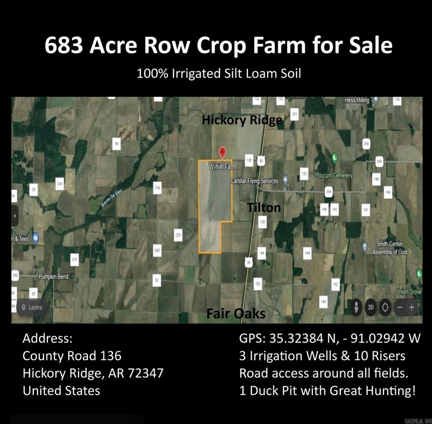 High producing rice and soybean farm. Silt loam soil composition with plenty of water. Three irrigation wells all tied together with plenty of risers.