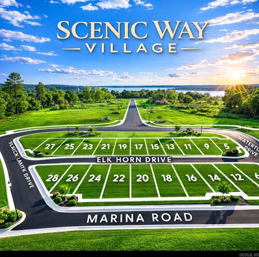 Scenic Way Village is a beautiful subdivision development offering scenic views and a well-planned layout. Phase I (32 lots) and Phase II (32 lots) are currently available, with Phases III and IV planned for future development. Utilities are available, making these lots ready for your custom build.  Conveniently located near Lake Dardanelle, a marina, and national park access, this community offers close proximity to outdoor recreation and water activities. Lots only — homes are not included in the sale. A great opportunity to build in a growing area with attractive surroundings.  Disclaimer* Existing homes in subdivision are not part of listing. Shown for reference only. Some images are AI generated or modified from an original image and are for reference only.