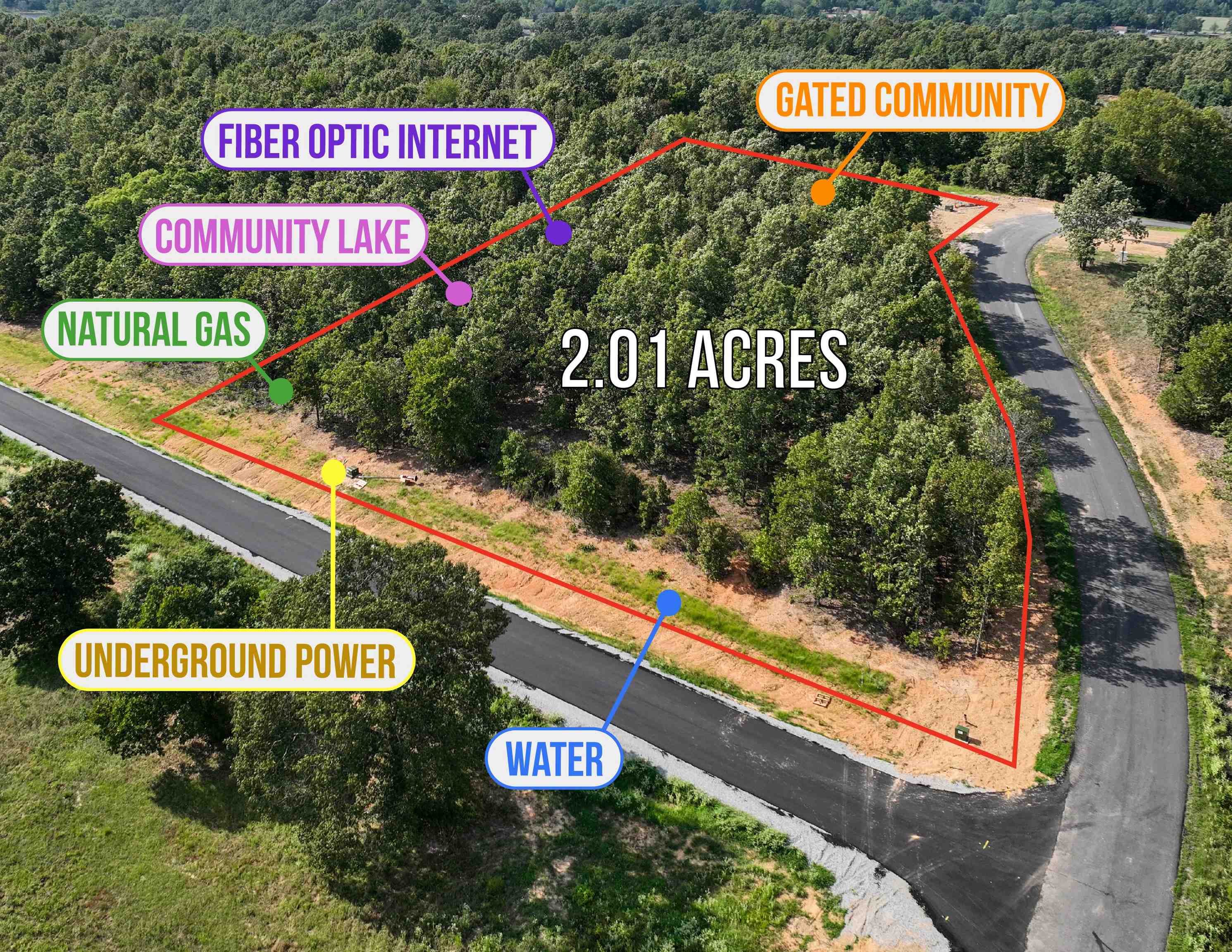 Gated wooded community with two entrances, underground power, water, natural gas and fiber optic internet. Community lake. Restricted to site built homes, 1850+ sq ft, no mandatory builder nor time to build.