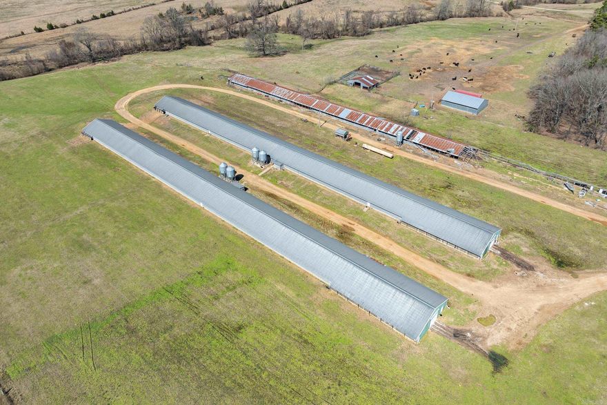 Poultry operation offers (2) 40x500 broiler house farm, current Tyson contact.  Houses have new insulation in walls and ceilings, cool cell curtains, new wires, added fans, LED bulbs, rural water and well water. Litter shed, 100,000 KW Generator, and propane tank. Additional established pad with electricity and water set up for third house. Situated on approx 60 acres, pond, wet weather creek and highway frontage, offers a custom brick home with over 3,320 sq ft of living space, 5 bedrooms and 3 full baths.  Double garage, covered porch, safe room, and newer roof. Geothermal heat/air unit and fiber high-speed internet.  Contact our office for more details.