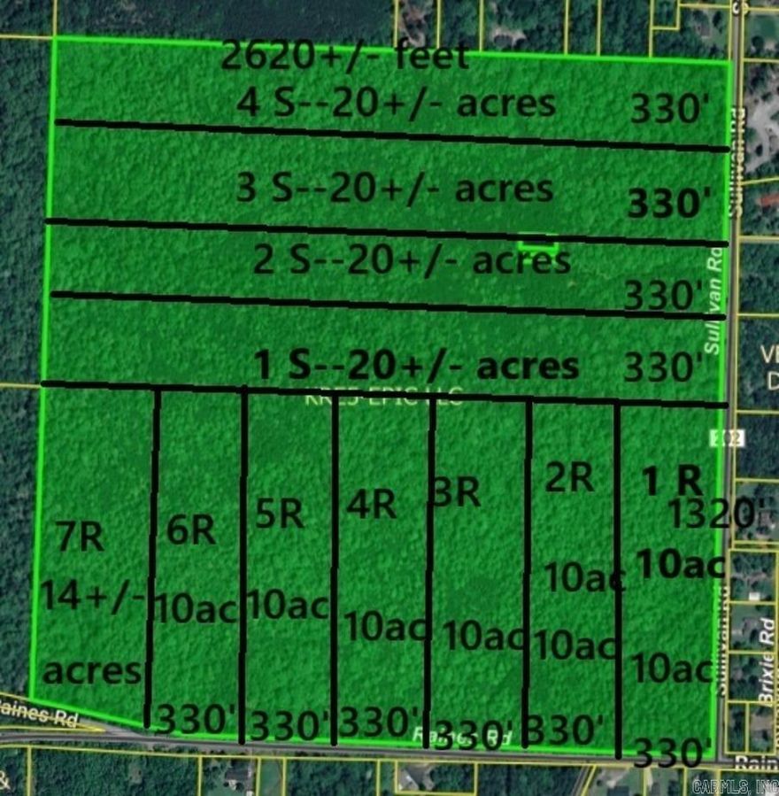 Property has 154+/- acres in Pulaski County, Arkansas. There is a platted Sub-division dated 1916 covering the property. The Seller is abandoning the old sub-division and breaking the property into 4 20-acre tracts, 6 10-acre tracts, and 1 14+/- acre tract. The 20-acre tracts are on Sullivan Road, have 330 ft of frontage, are priced at $400,000. The 10-acre tracts and the 14+/- acre tract are on Raines Road and are priced at $250,000 and $350,000+/- respectively. When the first tract sells, the Seller will immediately petition the County of Pulaski to abandon the old sub- division and when this is approved, a survey will be conducted to break up the entire parcel into the mentioned tracts. Buyers will receive a metes and bounds survey for their respective tracts. All offers will be contingent on getting the old sub-division abandoned and getting the final survey.