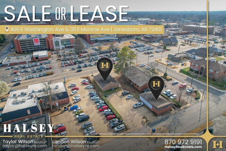 Located in the heart of Downtown Jonesboro, 406 E Washington Avenue and 311 E Monroe Avenue present a unique opportunity to acquire a two-building office property in one of the city's most established business corridors. Positioned between East Washington Avenue and East Monroe Avenue, the property offers strong accessibility, convenient parking, and close proximity to the courthouse, city offices, financial institutions, medical providers, and numerous professional services. The property features two professional office buildings totaling approximately 3,892 square feet on 0.84 acres, providing a flexible layout suitable for medical, legal, administrative, or general office users. The configuration allows for a variety of uses, including an owner-user occupying one building while leasing the other, or an investor utilizing both structures for income-producing office space. Surrounded by key employers, government offices, healthcare providers, and established downtown businesses, the location benefits from consistent daytime population and strong visibility within the Downtown Business District. The site offers functional parking, practical office layouts, and a scalable footprint