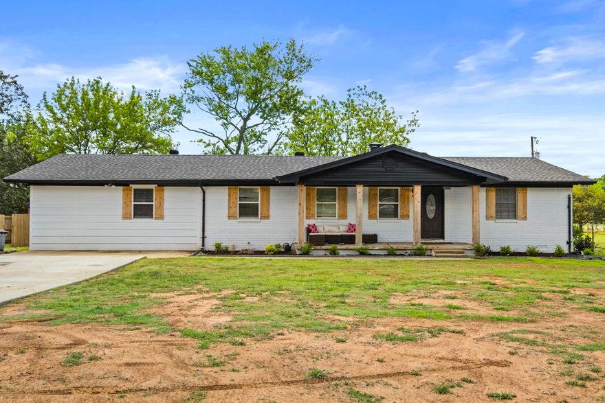 Fully remodeled. Open living room. Split floor plan. 3bed, 2bath, LVP and tile throughout. Updated kitchen with stainless steel appliances. Wood burning fireplace. 2 storage buildings in the back yard. Fully fenced. Come sit on this front porch!!