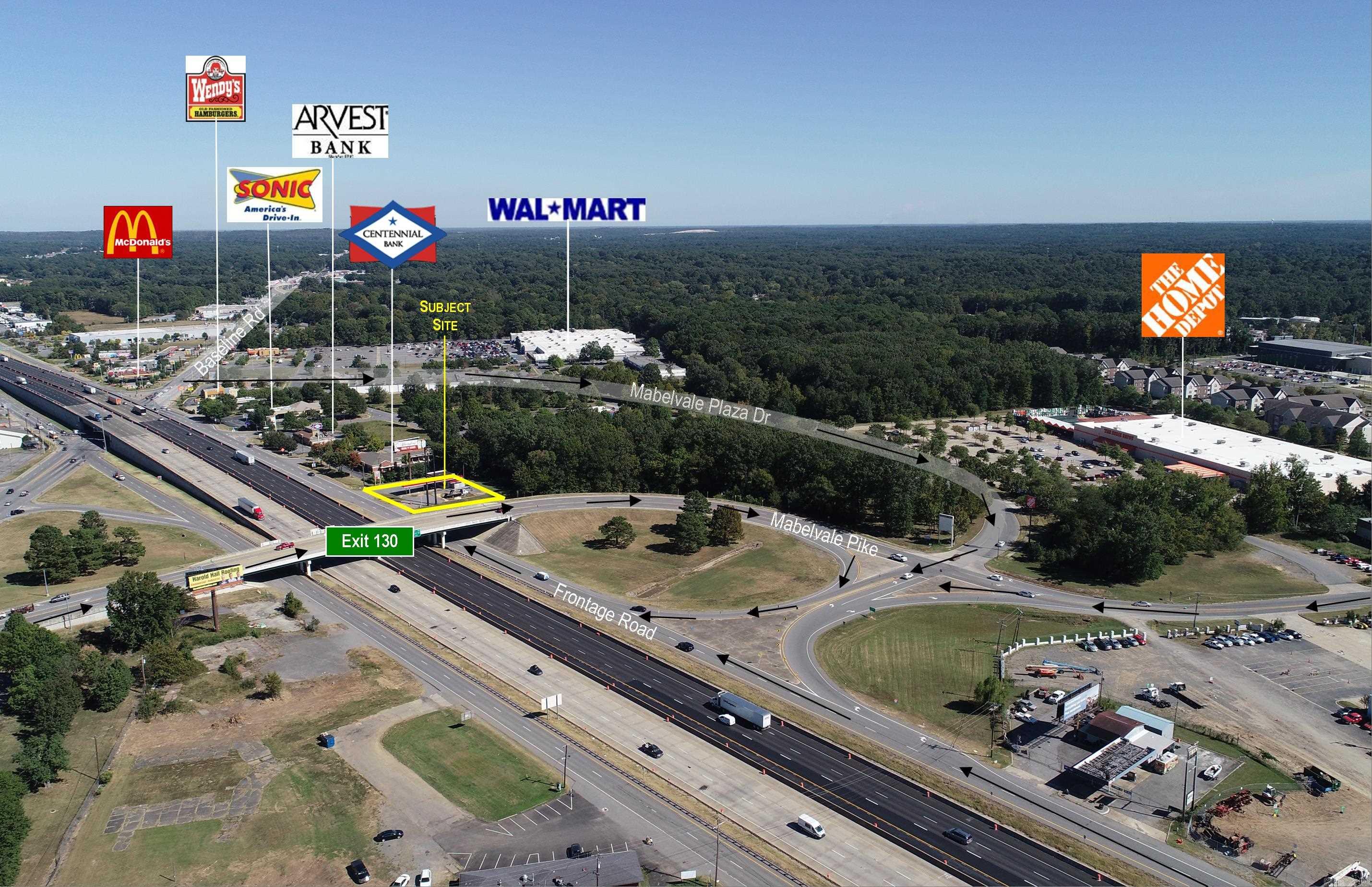 Price Reduced! Great value at $7.86 psf! Excellent visibility, located just off I-30 next to Centennial Bank at Baseline Rd/Mabelvale (Exit 130). Superior access w/interchange, off-ramp & wrap-around entry by Home Depot. High traffic & population. Major commercial sector w/banks, fast food, retail centers, Walmart Supercenter, Home Depot & much more! Property includes a 100' pylon sign & a billboard sign producing $9,500 annual income. Additional land could be purchased w/access to Mabelvale Plaza.