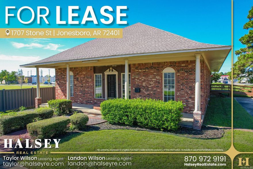 1707 Stone St offers 2,700± SF of professional office space in a standalone building just one block off a major thoroughfare in central Jonesboro. The layout features ten private offices, a reception area, kitchen, and two restrooms, ideal for professional, medical supply, or service-based users. Recent upgrades include a new roof (2022), energy-efficient LED lighting (2025), and hardwood flooring. The building has a rear handicap-accessible ramp for compliance and convenience, along with a covered front porch that provides an inviting entry. Paved parking for 12 vehicles supports clients and staff, while the unfinished second floor adds valuable storage or expansion potential. Utilities average just $300/month, and the tenant is responsible for utilities and maintenance. Previously used as a counseling center and corporate advertising office, the space adapts easily to various uses. Located near the new Simmons Bank, this property combines visibility, accessibility, and a quiet professional atmosphere.