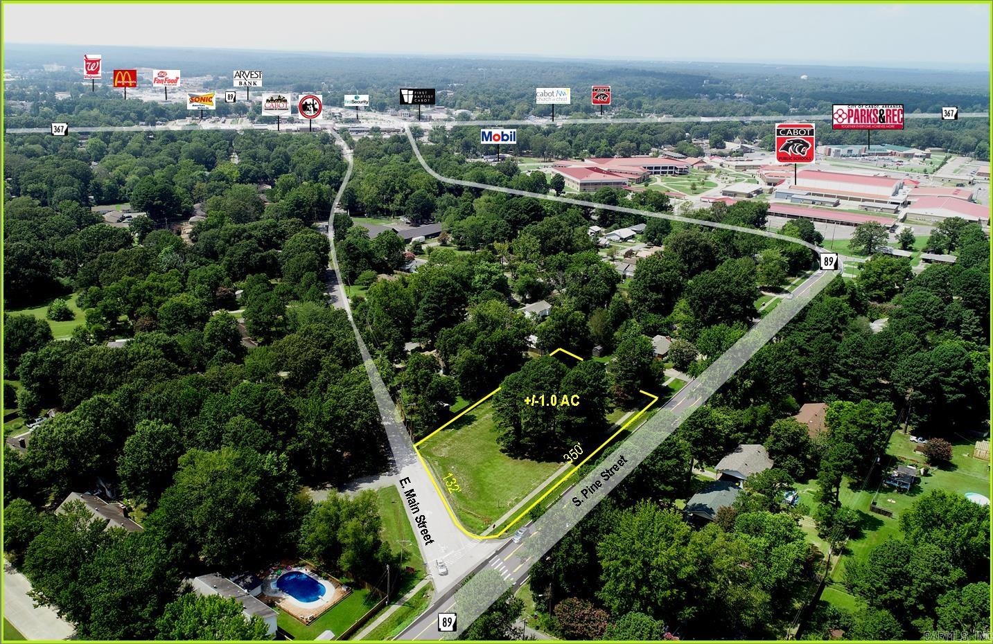 Excellent Access and Visibility! Corner lot W/350' frontage on S. Pine & 166' on E. Main St. Just past Cabot High School and within an area of continued commercial development. Estimated traffic count of 17,000 vpd & population of 27,608 within 3 miles radius. Zoned C-2 with City utilities available.