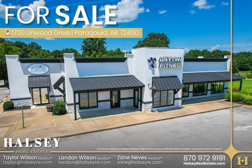 Prime investment opportunity in Paragould! This 9,148± SF commercial building at 1700 Linwood Dr is fully leased to strong tenants—Anytime Fitness and Aspire. Positioned along Hwy 49 with 190± feet of frontage and exposure to 21,000 vehicles daily.