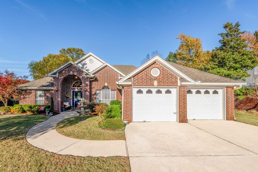 The beauty of this Neighborhood is The Golf Course. This home is Nestled behind the 11th.Green.  The Elegant one level showcases a columned brick Entry featuring an all-brick Arch embellished with a keystone. The Formal areas boast, Higher Ceilings. and a see-thru Fireplace Shared with the Hearth Room which enjoys the Golf Course view.  Large roomy Bedrooms and closets serve the private rooms, and step in showers accommodate the Baths. The center of the home looks out over the11th Green, and the Kitchen, centrally located, works great for entertaining, from any room, including the patio. Golf Memberships available or You may pay to play.  Security is Vivant, Monthly pay if you choose.