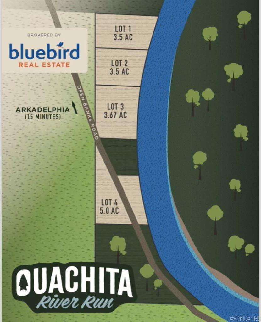 Ouachita River lots with county road access along Open Banks Road. Municipal water, electricity, and fiber internet access at road add to the enjoyment of the property. Less than 8 miles and 15 minutes south of Arkadelphia. Survey pending, no deed restrictions or covenants.