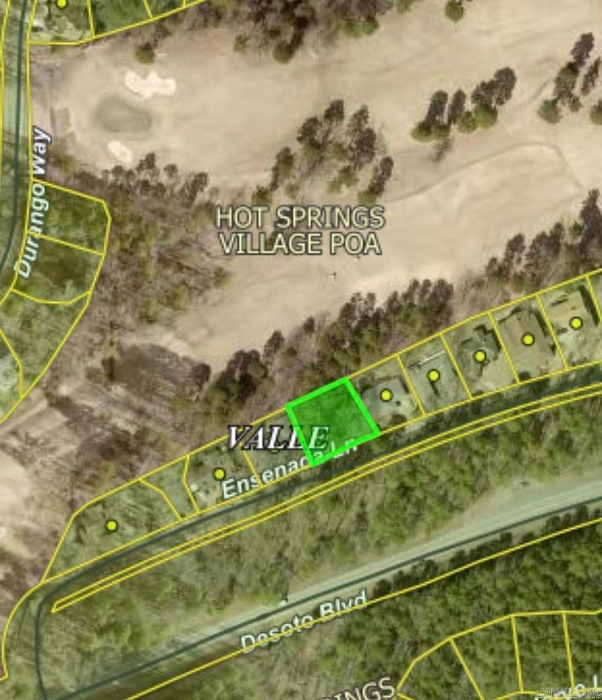 GOLF FRONT LOT on Desoto Golf Course...Ensenada Lane Hot Springs Village Ensenada is located on the 18th fairway of the beautiful De Soto golf course – just a few hundred yards from the De Soto clubhouse and restaurant. The level lot is located less than 10 minutes from the West Gate Hot Springs Village convenient to numerous banks, restaurants, and shopping. Hot Springs, Village – one of the largest gated communities in the country features: (9) golf courses, (6) lakes - with launching ramps and docking facilities, numerous tennis/Pickleball, courts, and pool.  DUES:$51.58 MONTHLY The lot has a view of (2) fairways.  Lot dimensions: 100' on the golf course; 85' on Ensenada; 104' on the west and 108' on the east.  SETBACKS: 20' on the golf course; 7.5' on the sides and 15' on the street.  NEW HSV PROPERTY ARE SUBJECT TO A BUY-IN FEE. NIGHTLY RENTAL ALLOWED. AGENT / OWNER.