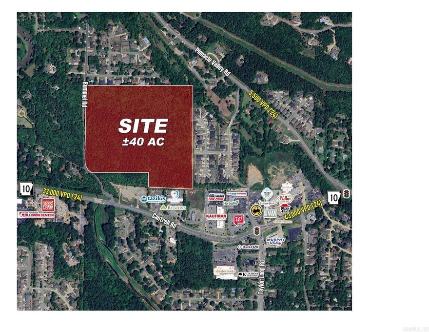 Discover a rare opportunity to develop one of West Little Rock's most desirable remaining tracts. This approximately 40-acre wooded, hilltop parcel sits at the northeast quadrant of Cantrell Road and Rummel Road, offering the perfect canvas for a luxury residential community. Zoned R-2 and positioned in the heart of West Little Rock's thriving growth corridor, the property delivers an ideal balance of secluded natural beauty and premium accessibility—just minutes from Cantrell Road's established retail, dining, and professional services. With utilities extending to the property boundary and strong area demographics including average household incomes exceeding $152,000 within a one-mile radius, this land presents exceptional potential for large-lot estate homes or an upscale residential development. As surrounding development continues and available tracts diminish, this offering represents a strategic investment in one of Little Rock's most sought-after locations. Priced at $2,260,000 ($56,500 per acre), with sample lot layouts available to illustrate development possibilities.