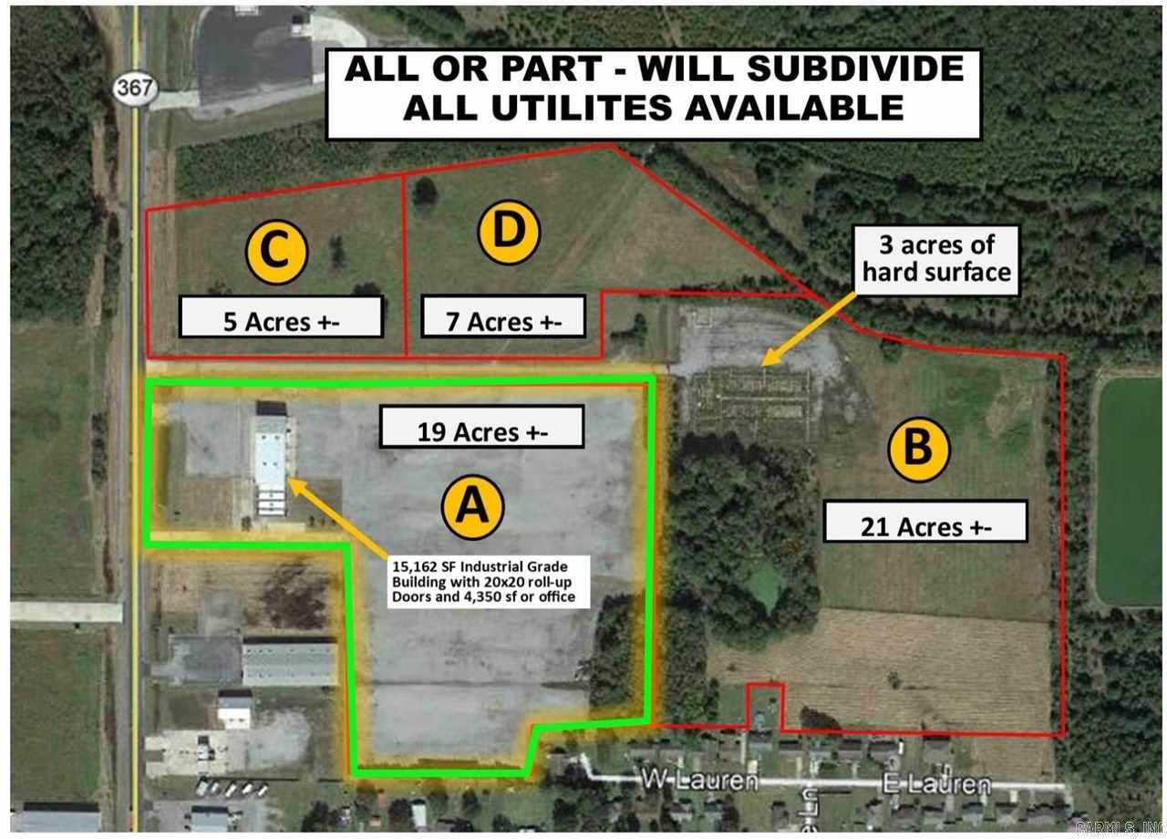 LOT A For Sale or Lease consists of a 15,162 SF building with 4,350 SF of modern office space. The building is fenced with 19 acres of hard surface underpinned with shale, a Geotech mesh, and gravel. The remainder of the property has access to city water and sewer. All have 3-phase power available. A total of 55 acres may be subdivided. On the East end is an area that was once used to house on-site workers. All utilities are available to subdivide possible RV sites. **AGENTS SEE REMARKS**