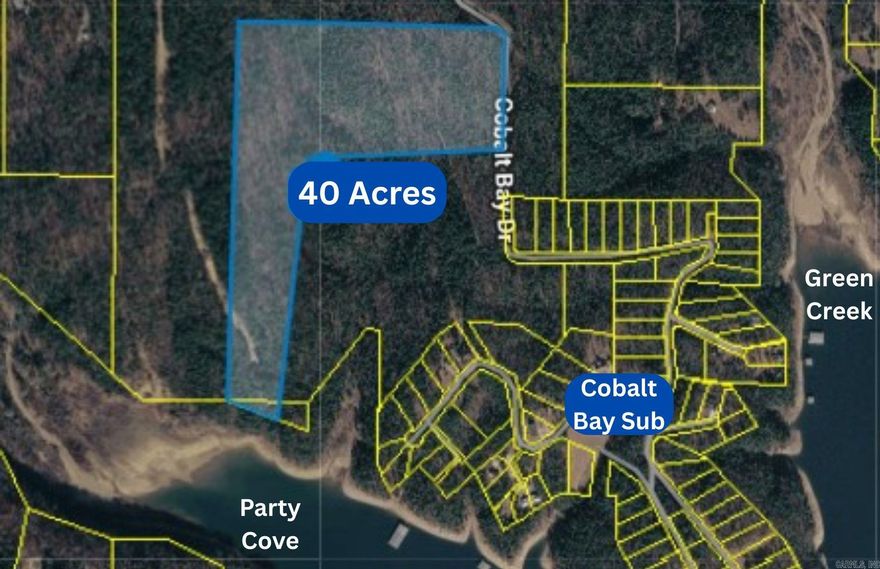 40 ACRES of Lakefront Paradise on PARTY COVE!!!! This is an amazing property that has approx. 350 feet of Whiteline on Greers Ferry Lake on the NE corner of Thompson Cove. The Eastern boundary has almost Paved Road frontage on Cobalt Bay Drive with Underground Utitlites, including High-Speed Fiber Internet. No Dues and only restricted to No mobiles or Campers