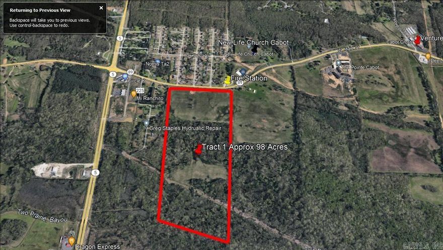 PRIME LOCATION, ONCE IN A LIFETIME OFFERING... Approx 98 Acres of a level w/ mild gentle backslope land with 3/4 Cleared Hayfield and 1/4 Trees. This property boasts approx 1,350'-1,400' of Hwy 89 / W. Main Highway Frontage!  Water, Electric, Sewer, and Fiber at the road. Increasing traffic via this main road artery designated as a High Traffic Location with over 11,000 per day on Hwy 89/W. Main and over 14,000 per day on Hwy 5 per AHTD.  Situated ideally on the primary route between Hwy 5 and 67/167 in Cabot, AR.  Located nearby: Cabot Fire Department across the road plus large neighborhoods such as Oak Brook, Magness Creek, Greystone, & More...The Pointe Apartments, Northport, ATWoods, Wal-Mart, First Security Bank, Centennial Bank, and more less than 5-min away.  See Agent Remarks.