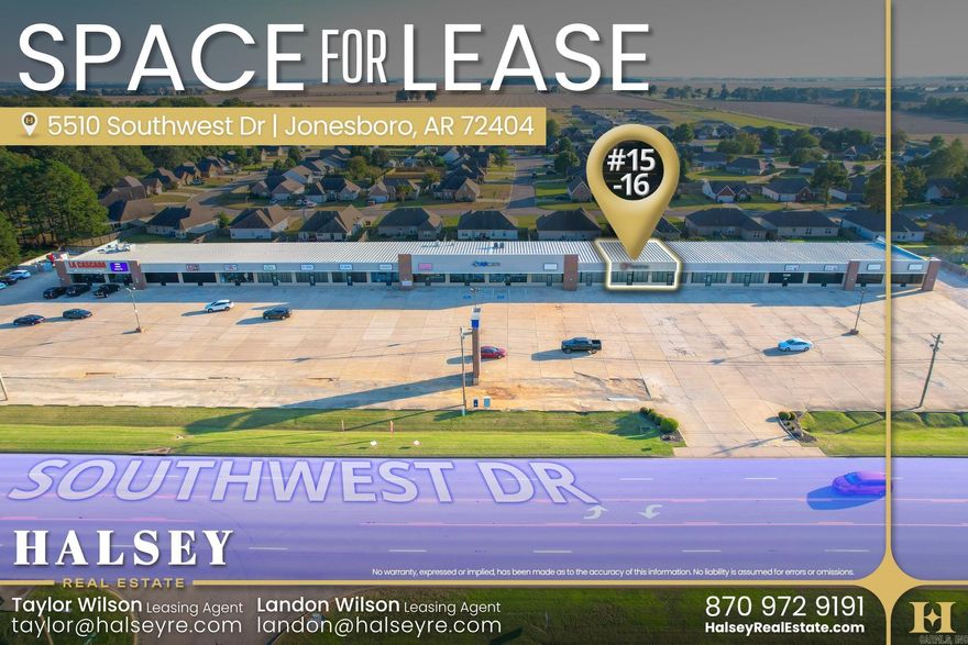 Located in the heart of Valley View Commons, this highly visible space offers outstanding exposure along Southwest Drive and sits among a strong lineup of retail, dining, medical, and service-based businesses. The layout is currently built out as a child care center, providing flexibility for a wide range of uses. With convenient parking, steady daily traffic, and close proximity to Valley View Schools, Southern Hills Development, and The Shops at Parker, this location delivers exceptional accessibility and customer reach in one of Jonesboro’s fastest-growing districts.
