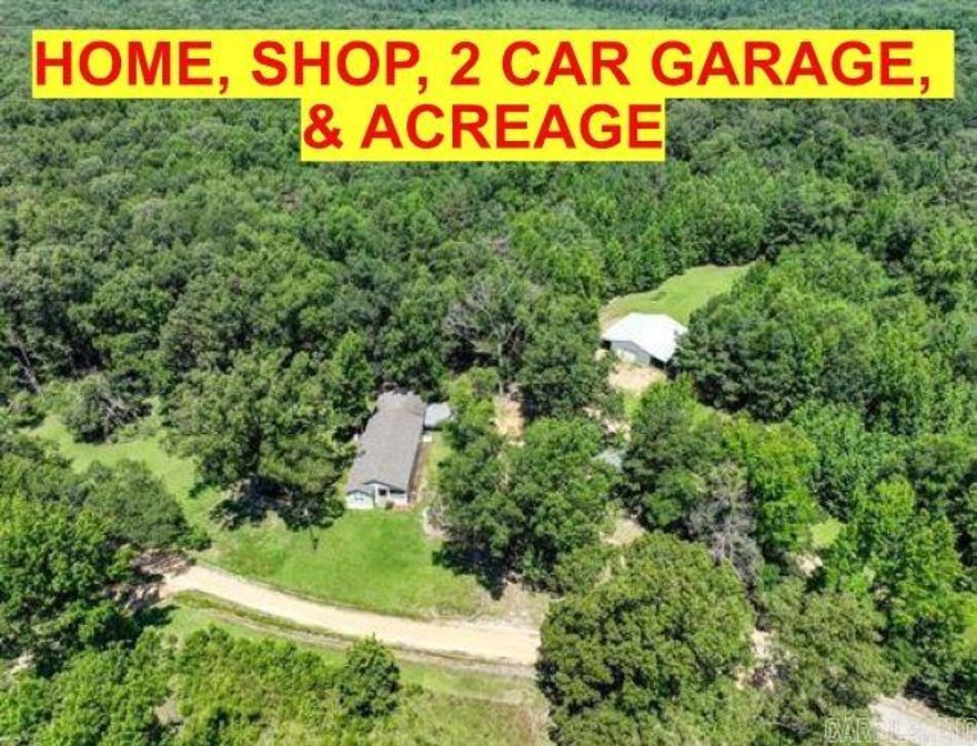 Wow, hard to find such a nice home with a large two-car garage and a huge shop with land for elbow room!  All four of these wants are wrapped up in one place. Yes, 14.52 acres + or -, approx 1500 sq. ft shop, approx 720 with the two-car garage. The home comes with a little fenced yard for pets or a garden. The home features a beautiful kitchen with ample cabinet space.  The shop is a dream come true with electricity, water, insulation, a half bath, a hot water heater, an inside drain already in place, a cooler room, garage doors at each end of the shop, 2 lien-tos, and water spickets that are located at each corner of the shop for a total of four of them! Seller will include the butane tank, the generator, and the big car port by the two car garage.  The items that do not convey or will be extra, is the 1 shed, the other car port, and the refrigerator in the kitchen. Fiber Internet is available. This is in the Star City School District. Measurements are encouraged.  Sellers will need a Delayed Occupancy. Do not go down Pinebergen Road or Gibb Anderson Road; those roads are not paved yet. The best way to get to the home is by getting on the Arrowhead Road if you are on Hwy 530.