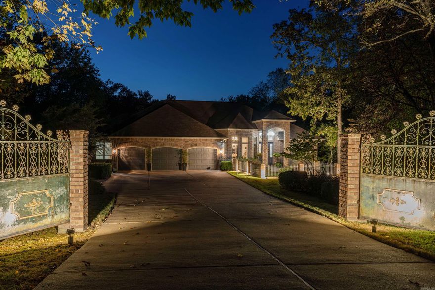 Welcome to this custom built manor home, nestled on a serene cul-de-sac on #2 Diamante green. Graced by ornamental gates, it was featured as a prominent interior designer's company brochure, as this residence showcases exquisite finishes throughout.  Spanning more than 4700 sq. ft., the home offers 4 spacious bedrooms, 3 1/2 baths with 3 living areas and a separate study. The main floor features 3 bd and 2 1/2 baths with elegant DR, formal LR, den with FP which opens to the chef's kitchen. New appliances and quartz countertops added last year. Primary suite showcases large windows with custom shades, stunning bath with chandelier, his/her closets, separate vanities, loads of storage. Outdoor covered deck is perfect viewing golf and nature. Lower level includes a stunning study with FP, family room w/built ins and 4th BD and full bath.  Outdoor porch is perfect place for enjoying sounds of the fountain. Storeroom has plenty of built ins. Courtyard in front is elegant and safe place for Fur babies. Situated on almost 1/2 acre, this exceptional home offers a lifestyle of elegance and tranquility. Enjoy belonging to Diamante, one of the best golf courses in Arkansas.