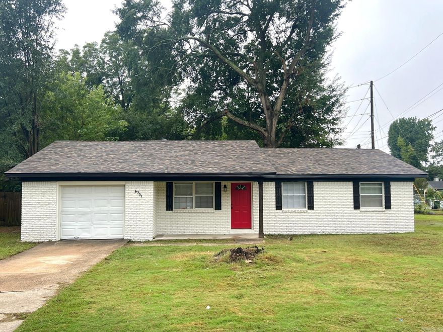 6701 Juniper have been freshly remodeled, including a new roof. It sits on a quiet street in Southwest Little Rock. Great curb appeal, large yard, long driveway, fresh paint and a fun pop of color as you step inside.  Vinyl floors throughout. Just over 1200 square feet, you get 2 spacious living areas. The kitchen has new appliances, and plenty of space for a breakfast nook. Down the hall, a guest bathroom with freshly glazed white tile. Two well lit guest bedrooms. The main suite has 2 closets and its own full bathroom. Make your appointment to tour, today!