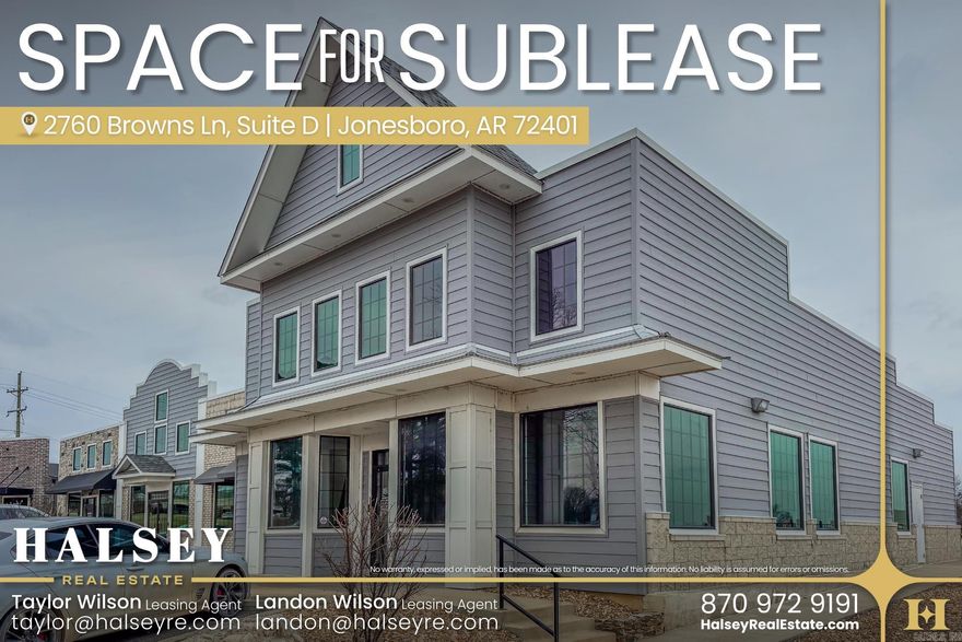 Suite D at 2760 Browns Ln offers a modern commercial space available for sublease through December 31, 2027, providing a flexible occupancy solution in a well-maintained building. The suite benefits from the property's strong visibility, on-site parking, and convenient access within an established Jonesboro corridor surrounded by neighborhoods and businesses. This location supports steady local traffic and easy connectivity to nearby arterial routes, making Suite D an ideal option for users seeking a professional space.