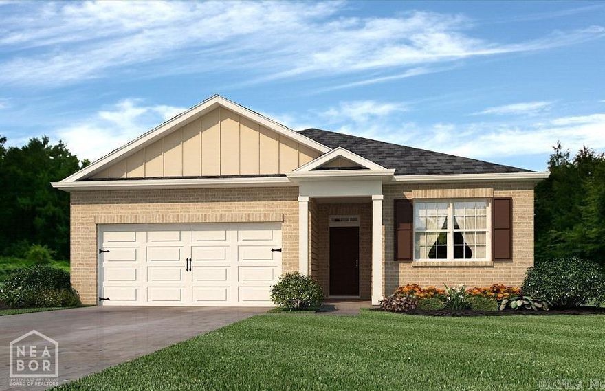 This appealing one-story home includes many contemporary features, and an open-concept design enhances the feel of this home. The kitchen includes a large island perfect for bar-style eating or entertaining, a pantry, and plenty of cabinets and counter space. The dining room and living room both overlook the covered porch, which is a great area for relaxing and dining al fresco. The large Bedroom One, located at the back of the home for privacy, can comfortably fit a king size bed, and includes an en suite bathroom with double vanity, walk-in closet, and separate linen closet. At the front of the home, two bedrooms share a second bathroom. The two-car garage connects to the front hallway where the laundry room is located. Pictures, photographs, colors, features, and sizes are for illustration purposes only and will vary from the homes as built. More Home Features: Granite Countertops, Comes with all appliances, Gutters, Blinds, Laminate Plank Flooring, Walk in Shower.