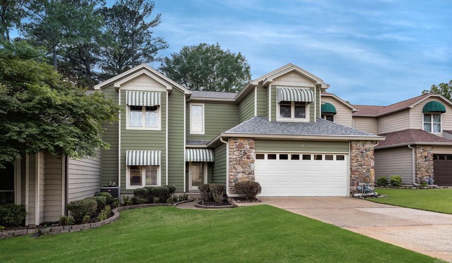 Golf course living! Located on a quiet cul-de-sac this spacious home overlooks #5 green of Maumelle Country Club golf course. The living/dining combo has a cathedral ceiling, built-ins in the dining area, fireplace with gas logs & a wet bar.  Glass sliding door leads to a screened porch with access to the new deck, great for entertaining, relaxing or just enjoying the fabulous golf course view. Large kitchen has abundant countertop and cabinet space, spacious breakfast area and built in pantry.  Primary bedroom is located on the main level with a vaulted ceiling, fireplace and a door to access the deck.  The primary bath has updated tile shower, double vanities, a safe-step walk in tub and large walk- in closet. Upstairs features two large bedrooms and a bath.  The exterior has vinyl siding, updated tilt-out windows, gutters, sprinkler system and small yard for easy maintenance.  Oversized garage with space for golf cart.  One owner home.  Must see!