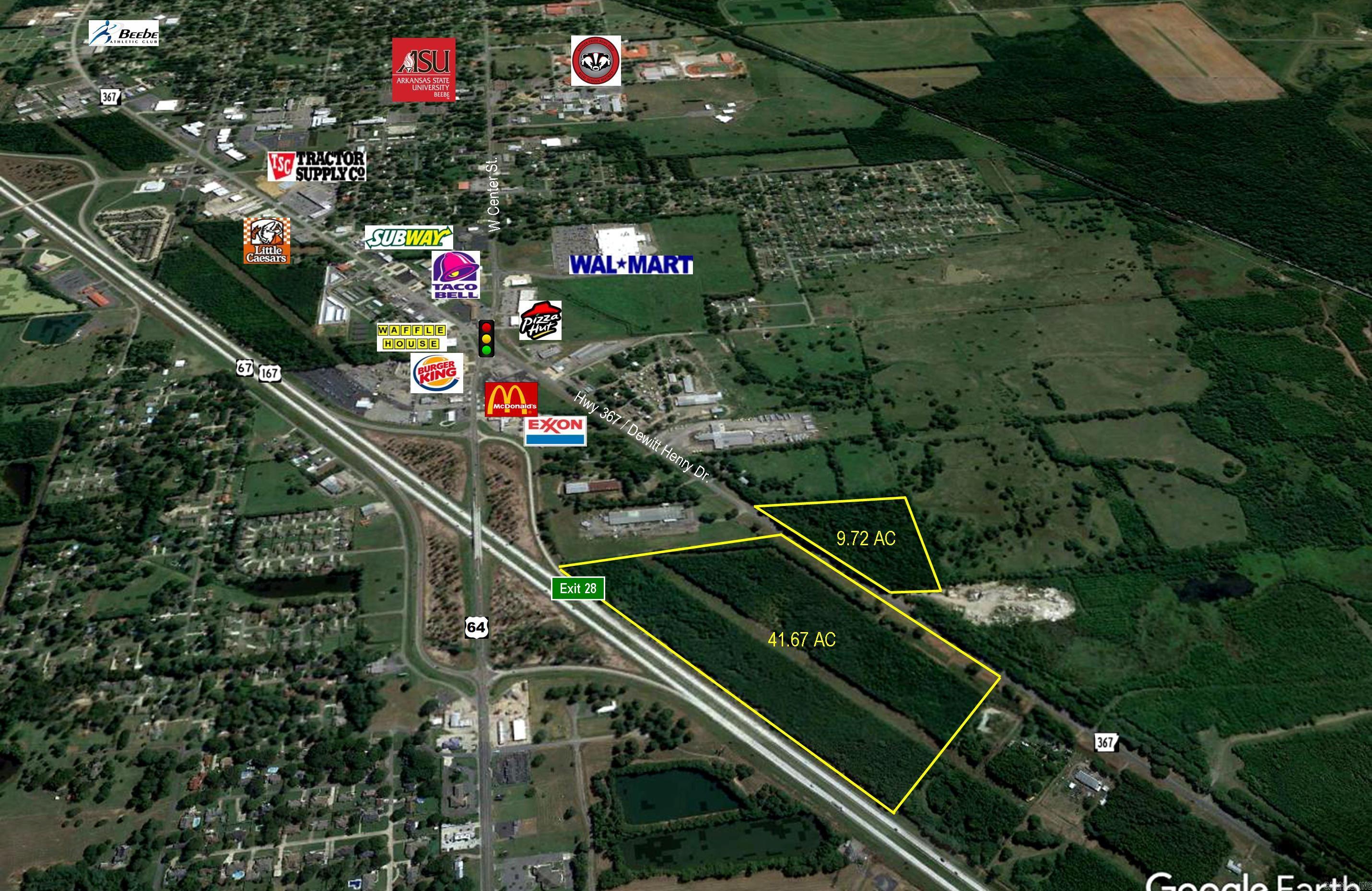 Prime location in Beebe w/superior visibility from Hwy 67/167; future I-57! Property fronts W. Dewitt Henry/Hwy 367 & backs up to freeway at the first Beebe Exit 28 (Hwy 64). Just 1/2 mile from Walmart Supercenter & other retail & hospitality. Property is mostly level, inside city limits, w/city utilities available including water, sewer & gas. Excellent location for large commercial development, multi-family or industrial. Quick, easy access in all directions! Call for more information.