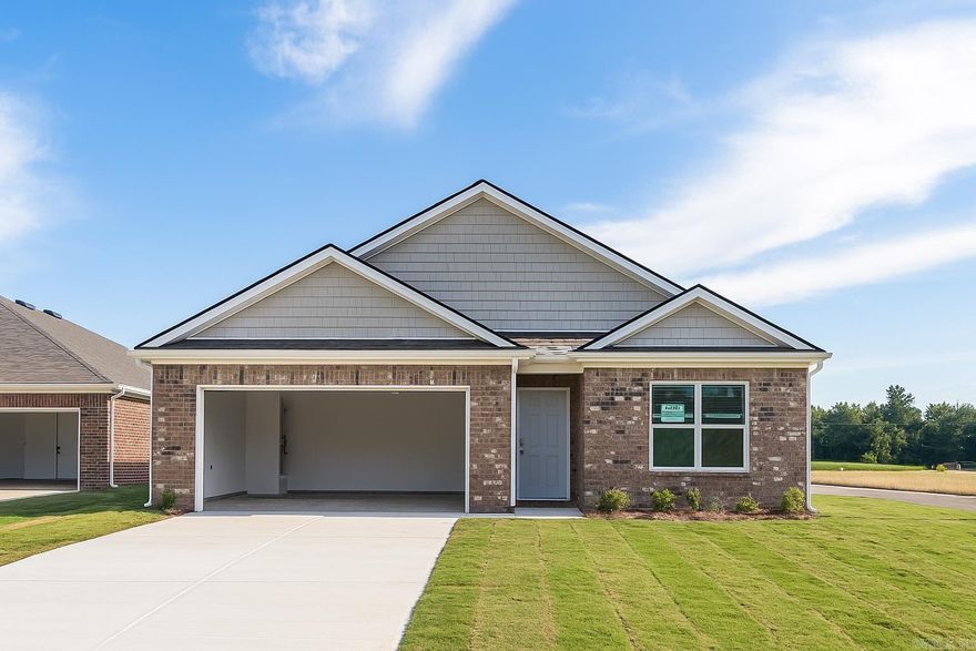 Estimated completion - June 2025. The appealing one-story home includes many contemporary features, and an open-concept design, enhancing the wonderful feel of this home. The kitchen includes a large island perfect for bar-style eating or entertaining, a walk-in pantry, and plenty of cabinets and counter space. The dining room and living room both overlook the covered porch, which is a great area for relaxing and dining al fresco. The large Bedroom One, located at the back of the home for privacy, can comfortably fit a king size bed, and includes an en suite bathroom with double vanity, big walk-in closet, and separate linen closet. Three other bedrooms share a second bathroom. The two-car garage connects to the front hallway where the laundry room and an extra storage closet are also located. Pictures, photographs, colors, features, and sizes are for illustration purposes only and will vary from the homes as built.