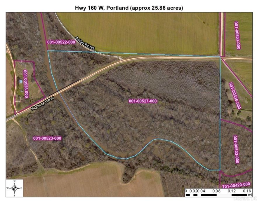 Approx 25.86 acres located along Bayou Bartholomew in Portland. About 5.6 acres are located North of Hwy 160 W and the remaining 20 acres is located South of Hwy 160 W.