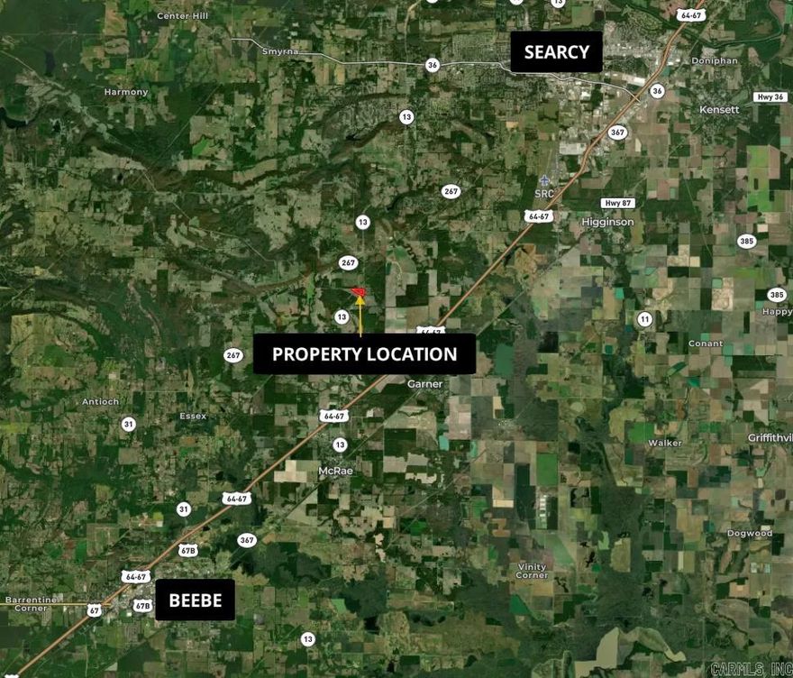 Located just outside of Searcy and Beebe, this 11± acre property offers an ideal setting for those looking to enjoy rural living without sacrificing convenience. With paved frontage along Highway 13 and power and water at the road, the tract is well suited for a homesite or hobby farm.  The property sits in a quiet area with a mix of open ground and natural habitat, providing space for gardening, livestock, or simply enjoying the outdoors. Wildlife is common throughout the area, including whitetail deer and small game, adding recreational appeal for hunters or nature enthusiasts.  Accessibility is a major advantage. The land lies just three minutes from Highway 67/167 (I-57), allowing quick travel to surrounding communities and an easy commute toward Little Rock.  Nearby amenities are close at hand, including everyday conveniences just minutes away.  Highlights  11± acres with paved frontage on Highway 13  County water and electricity available  Only 3 minutes to Hwy. 67/167 (I-57)  10 miles to Searcy  7 miles to Beebe  1 mile to Dollar General  Suitable for homesite, small farm, or recreational use  Additional acreage available  (Agent owned.)