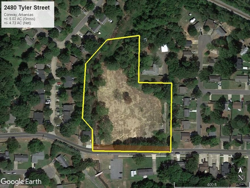 Vacant Land For Sale in the heart of Conway! This tract has a gross acreage of +/- 5.02 acres with a net surveyed acreage of +/- 4.73 acres. It is zoned R-2 for low density duplex use and represents a great urban infill development opportunity. All Conway Corportation utilities are available onsite.