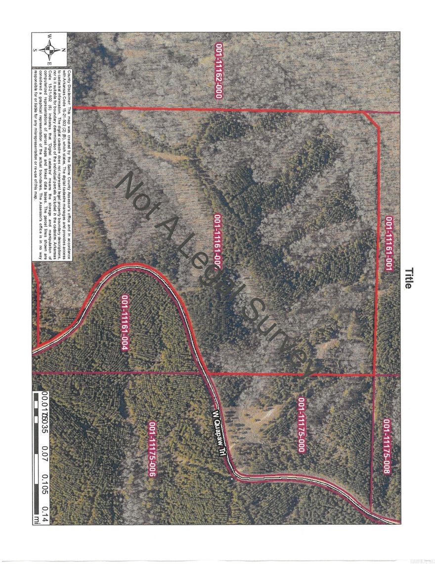 Peaceful and Private!. 59.51 beautiful wooded acres conveniently located between Benton and Hot Springs. Property begins 1.2 miles down Quapaw Trail which is a privately maintained road. There is 1/2 mile road frontage. Seller will consider splitting property. No mobile homes allowed. Parcels #001-11175-000 and 001-11161-000 Fountain Lake School District.