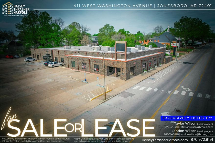 Located in the heart of Downtown Jonesboro, 411 West Washington Avenue offers a total of 19,800+ square feet, with Suite A (5,800+ SF) currently subleased and Suite B (14,000+ SF) available for lease. Suite B is fully built out as a high-end office with warehouse space and features a loading dock, multiple offices, conference rooms, and break areas. The property includes ample surface parking, 8,100 CPD road frontage, and 14,400 sqft of new roof recently installed, with the remaining roof replaced within the past two years. Suite B is offered at $18/SF NNN, and the the entire building is being offered at a sale price of $3,595,000. The location provides excellent visibility and accessibility, with a short commute to Arkansas State University and the surrounding Mid-Town District.