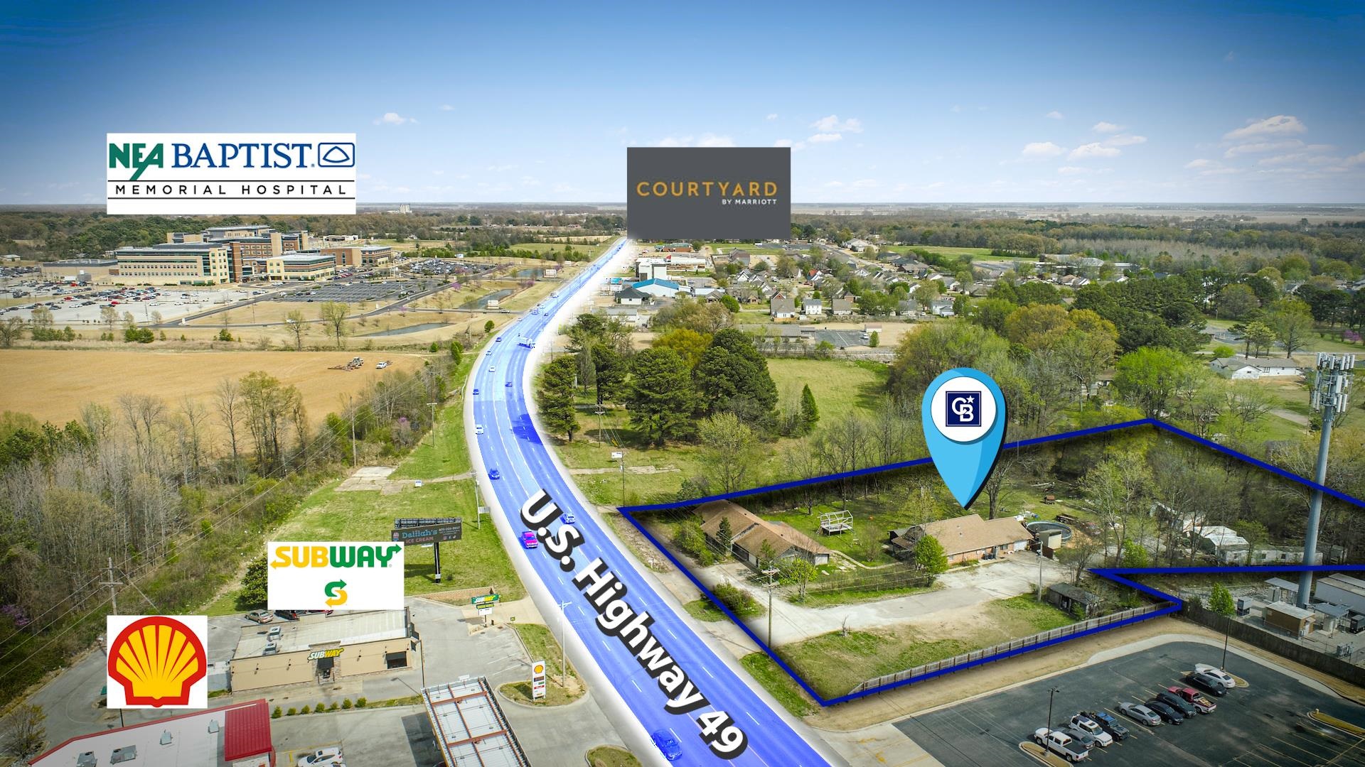This prime 1.87-acre +/- parcel offers highway frontage off U.S. 49 (31,000 CPD), making it an excellent opportunity for commercial development. Ideally situated in the thriving Hilltop trade area, the property is positioned next to popular restaurants, shopping, and NEA Baptist Memorial Hospital, ensuring high visibility and steady foot traffic. Its strategic location provides easy access to major roads, making it a highly desirable investment for businesses looking to capitalize on the area's growth. Whether for retail, office space, or medical-related ventures, this well-located property offers endless possibilities. Please note, this property is currently zoned R-1.