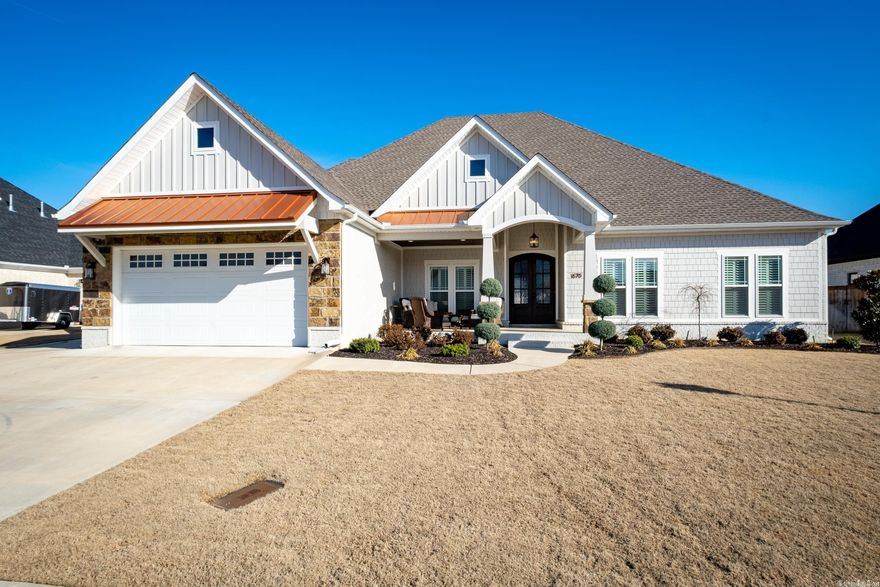 Elegant, quality and spacious - one level open living. Painted brick; dual cozy covered patios for easy outdoor living. Custom craftsman details, LVP flooring, plantation shutters, 10'-12' celings. Chef's kitchen- 5 gas cooktop, double oven, pot filler, granite & marble island. Wood tongue and groove ceiling in dining. Large master with soaker tub connects to laundry - utility sink. Private ensuite guest bath room, private office, tankless water heater, sprinkler, walk up stairs to large attic. New hot tub can convey. Level lot, 3 car garage. Like new construction.