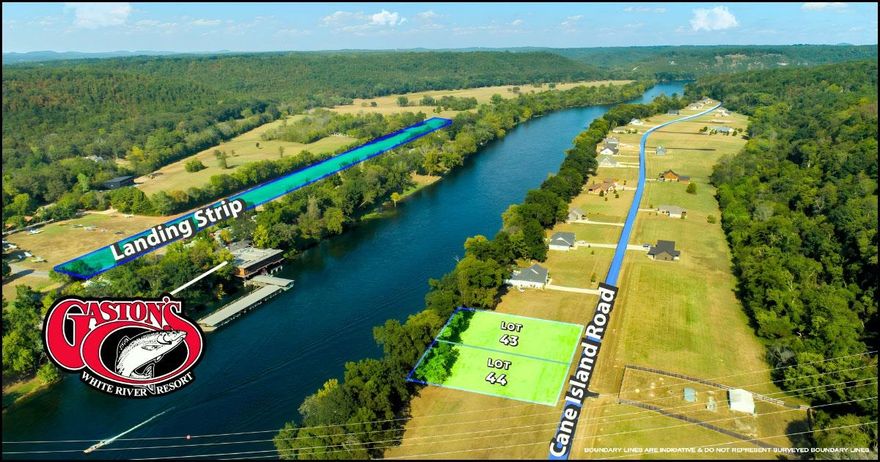 Cane Island Estates—an exclusive, gated sanctuary nestled along the pristine banks of the White River. Rare opportunity to own Lot 43, a .58+/- acre of riverfront elegance, perfectly positioned across from the world-renowned Gaston’s Resort and Restaurant. Boundary shown not a survey. Design your dream home right between these two premium lots, where the land gently slopes to the water’s edge and every sunrise reflects off the river like a painting. With city water, underground utilities, fiber optic internet, and a private boat ramp just steps away, this property blends modern convenience with timeless natural beauty. Wake up to the sound of flowing water and cast a line from your backyard into some of the best trout fishing in the country. Whether you're boating, hiking, or simply relaxing in a hammock, Cane Island offers serenity and adventure in equal measure. This is not just land—it’s a canvas for your vision. Cane Island Estates is one of the most stunning developments in all of Arkansas, with manicured grounds, protective covenants, and a community designed for those who value privacy, prestige, and nature’s finest backdrop. 110 feet of river frontage. High elevation.